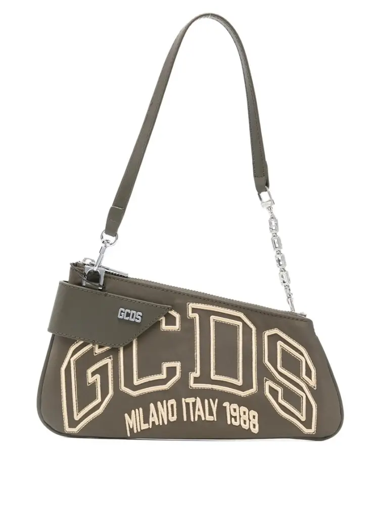 borsa shoulder comma in nylon verde militare con logo ricamato