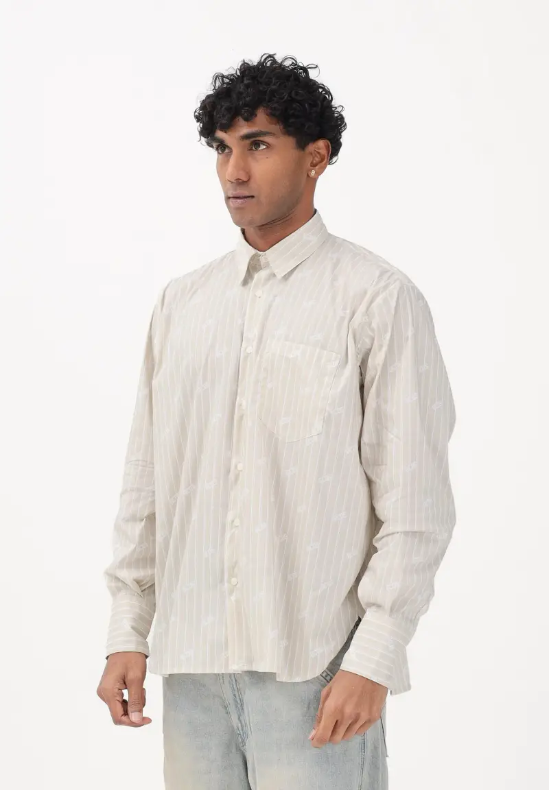 Camicia a manica lunga beige da uomo con logo