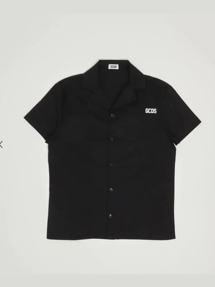 camicia junior nera con mini logo davanti e maxi stampa iconica dietro