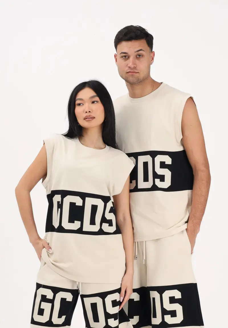 Canotta beige per uomo e donna con stampa logo miniatura 2