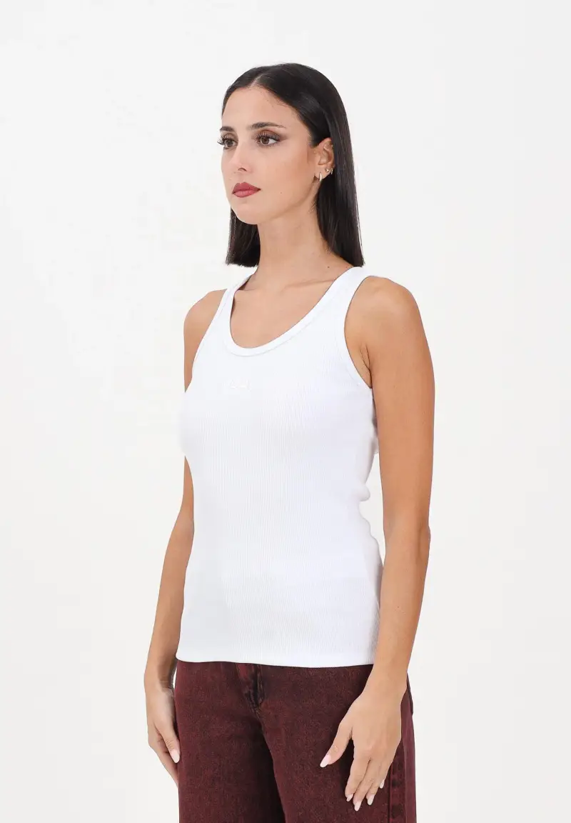Canotta bianca da donna in cotone a costine con logo