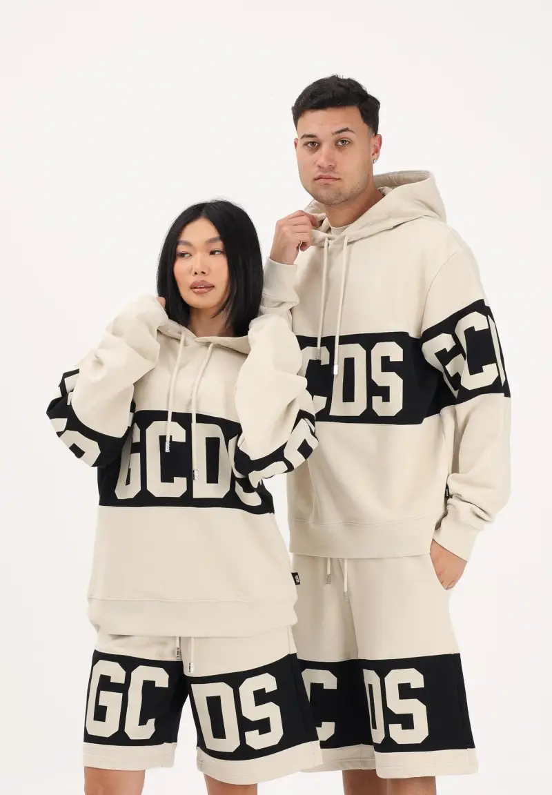 Felpa con cappuccio beige per uomo e donna caratterizzata da banda a contrasto e logo miniatura 2