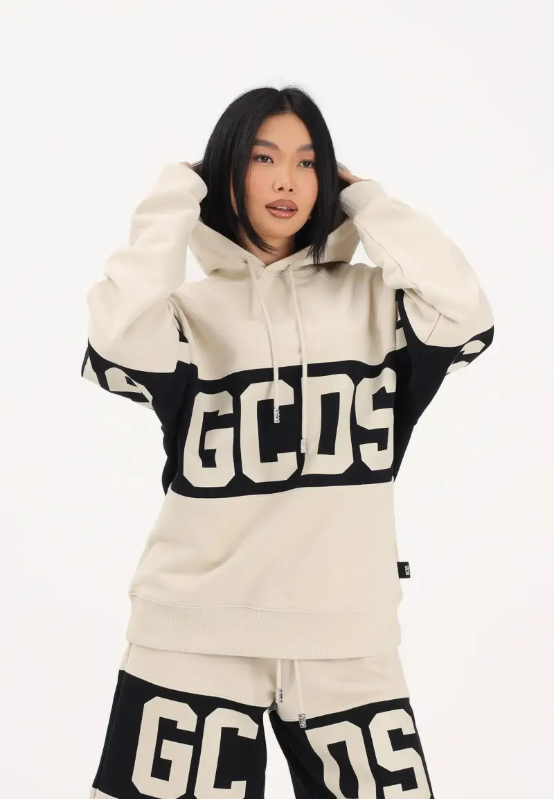 Felpa con cappuccio beige per uomo e donna caratterizzata da banda a contrasto e logo miniatura 3