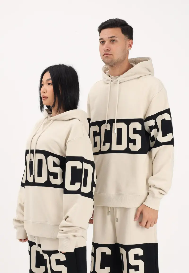 Felpa con cappuccio beige per uomo e donna caratterizzata da banda a contrasto e logo