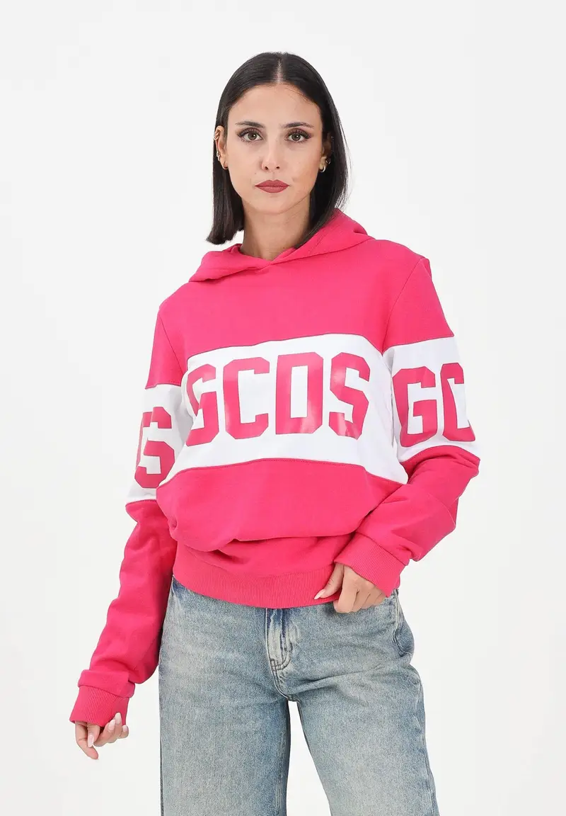 Felpa con cappuccio fucsia per donna, ragazze e bambine rifinita da stampa logo miniatura 2