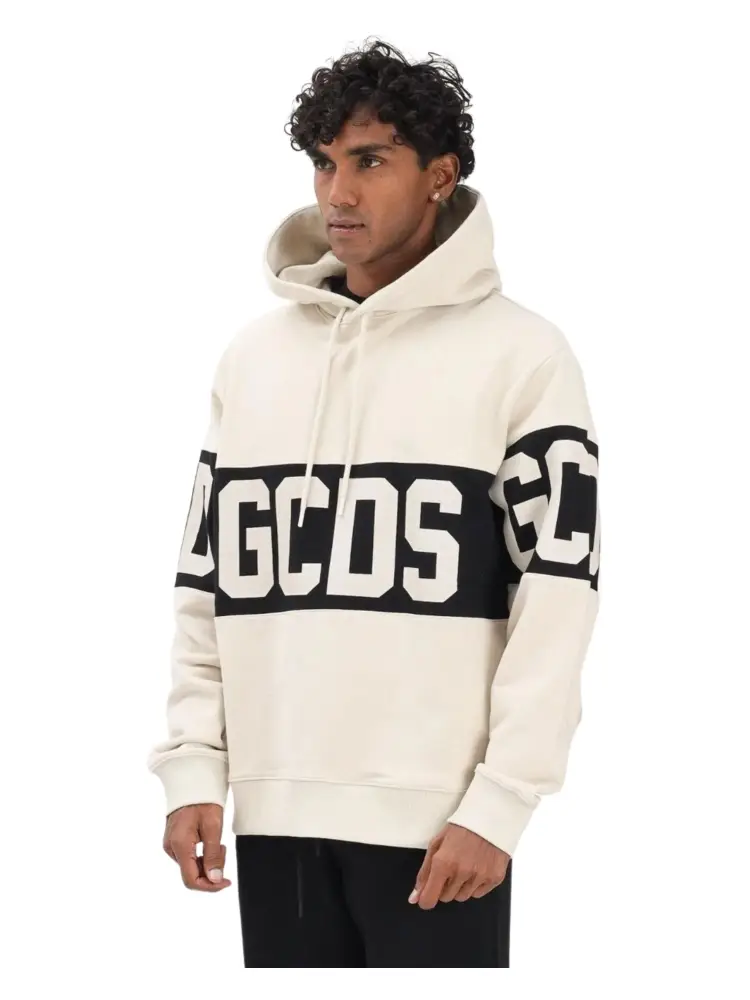 felpa con cappuccio in cotone panna con maxi logo logo