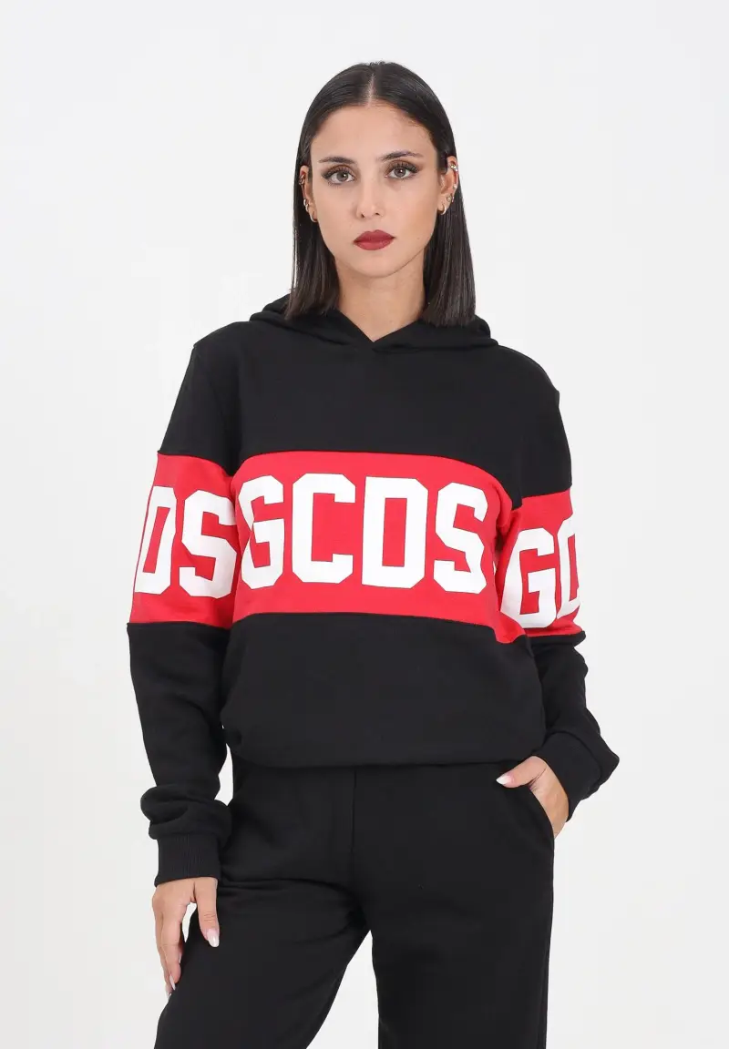 Felpa con cappuccio nera per donna, ragazze e bambini rifinita da stampa logo miniatura 2