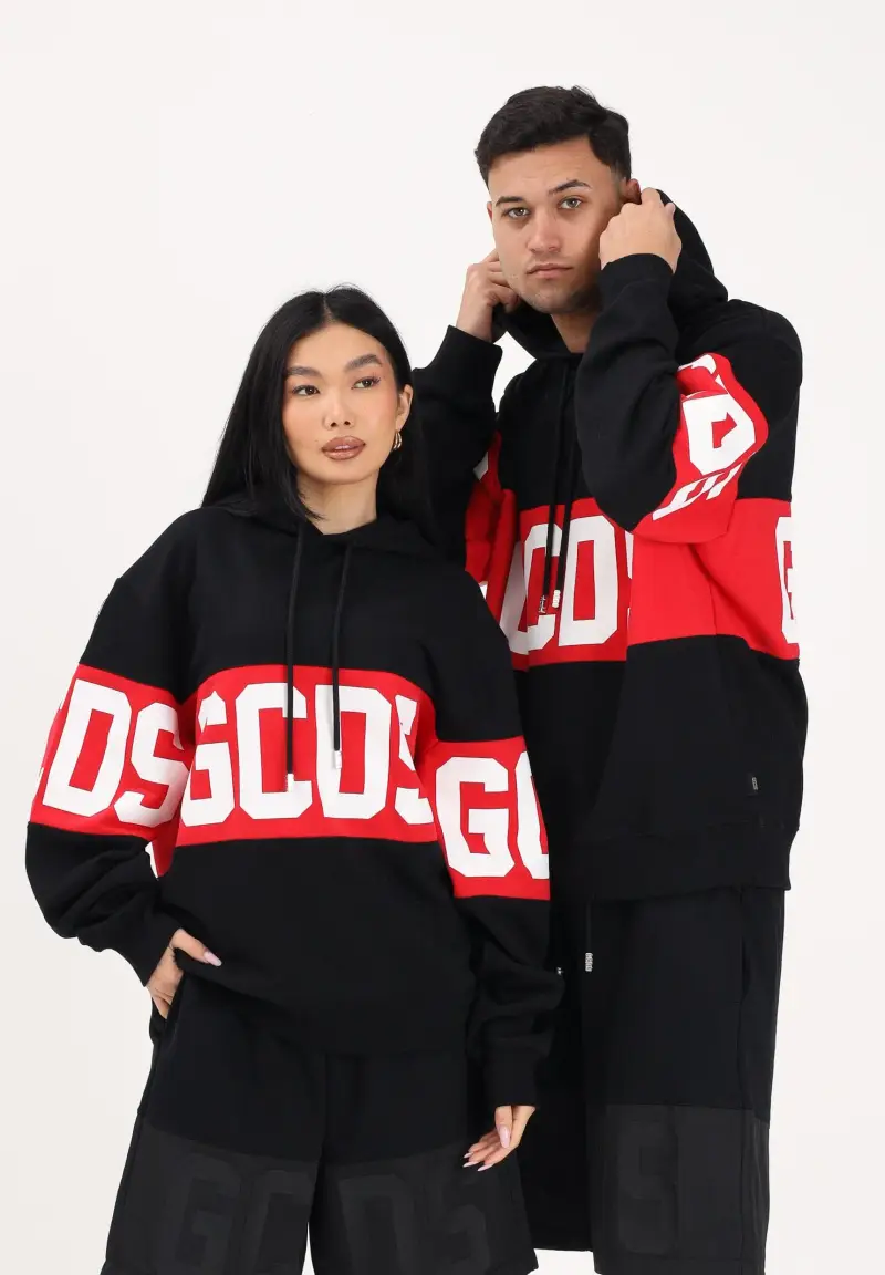 Felpa con cappuccio nera per uomo e donna caratterizzata da banda a contrasto e logo miniatura 2