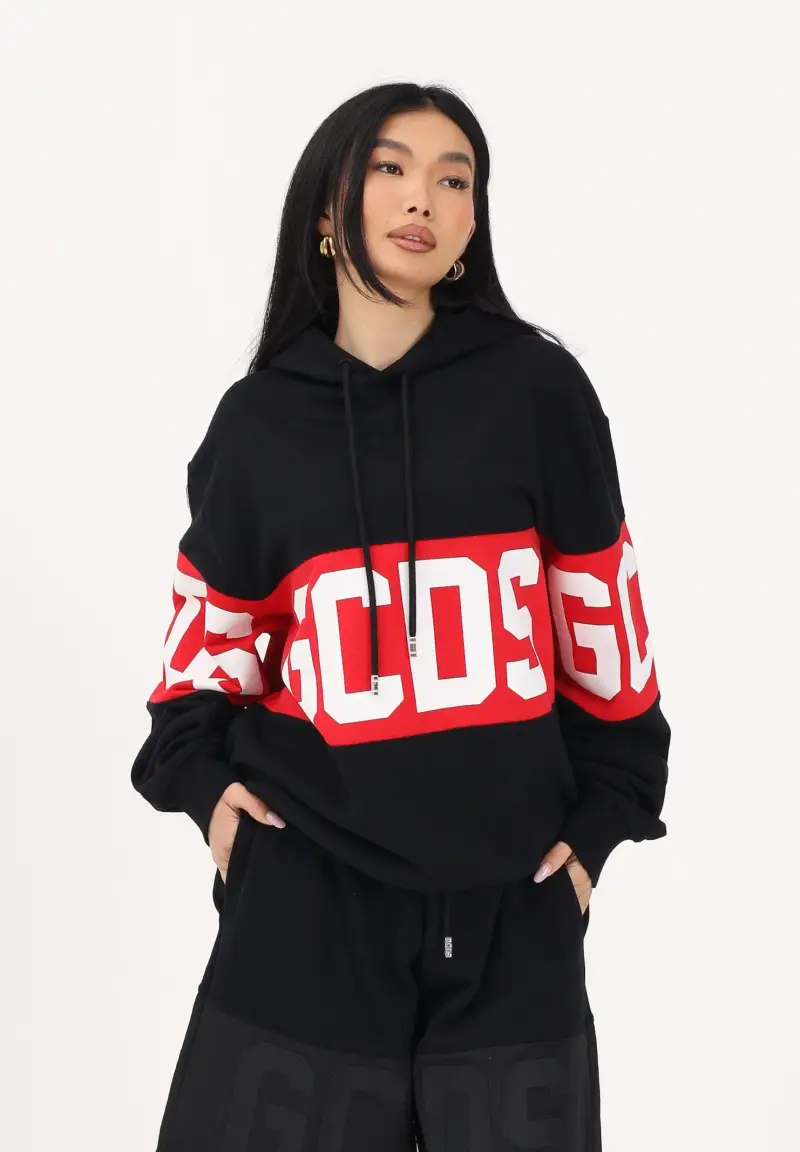 Felpa con cappuccio nera per uomo e donna caratterizzata da banda a contrasto e logo miniatura 3