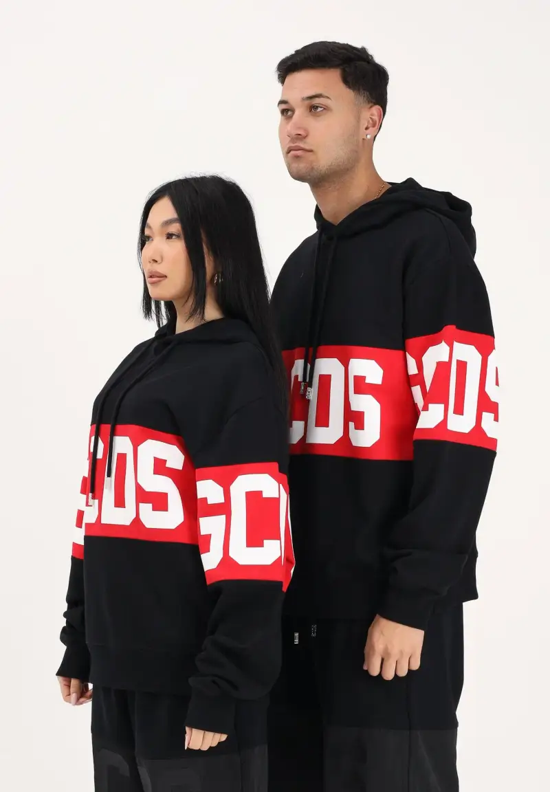 Felpa con cappuccio nera per uomo e donna caratterizzata da banda a contrasto e logo