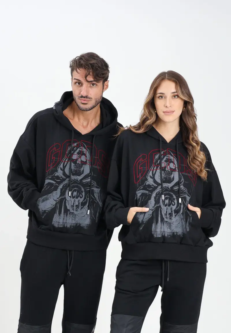 Felpa con cappuccio nera per uomo e donna caratterizzata da stampa miniatura 2