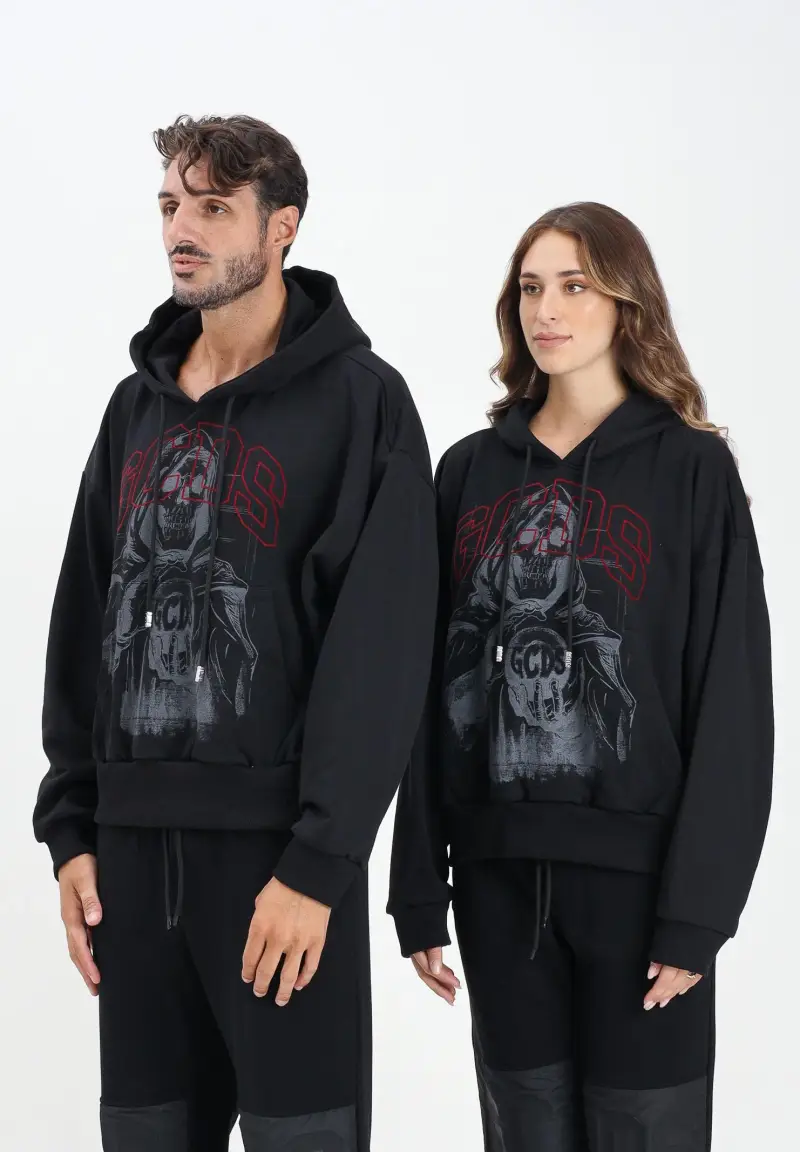 Felpa con cappuccio nera per uomo e donna caratterizzata da stampa