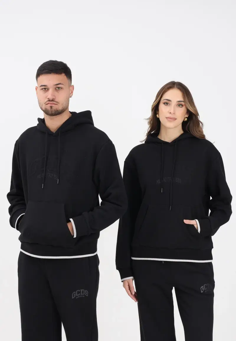 Felpa con cappuccio nera per uomo e donna rifinita da logo impresso miniatura 2