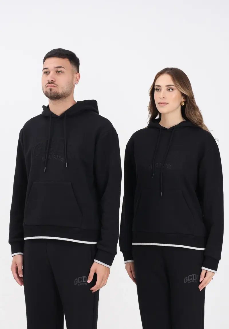 Felpa con cappuccio nera per uomo e donna rifinita da logo impresso