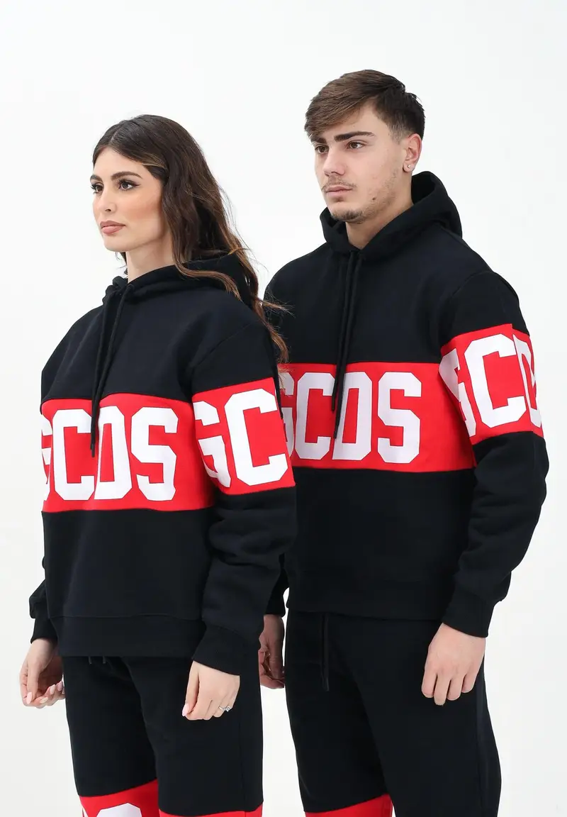 GCDS Felpa con cappuccio nera per uomo e donna rifinita da stampa logo