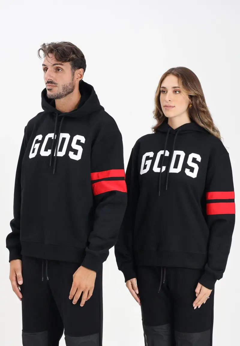 Felpa con cappuccio nera per uomo e donna rifinta da logo e bande a contrasto