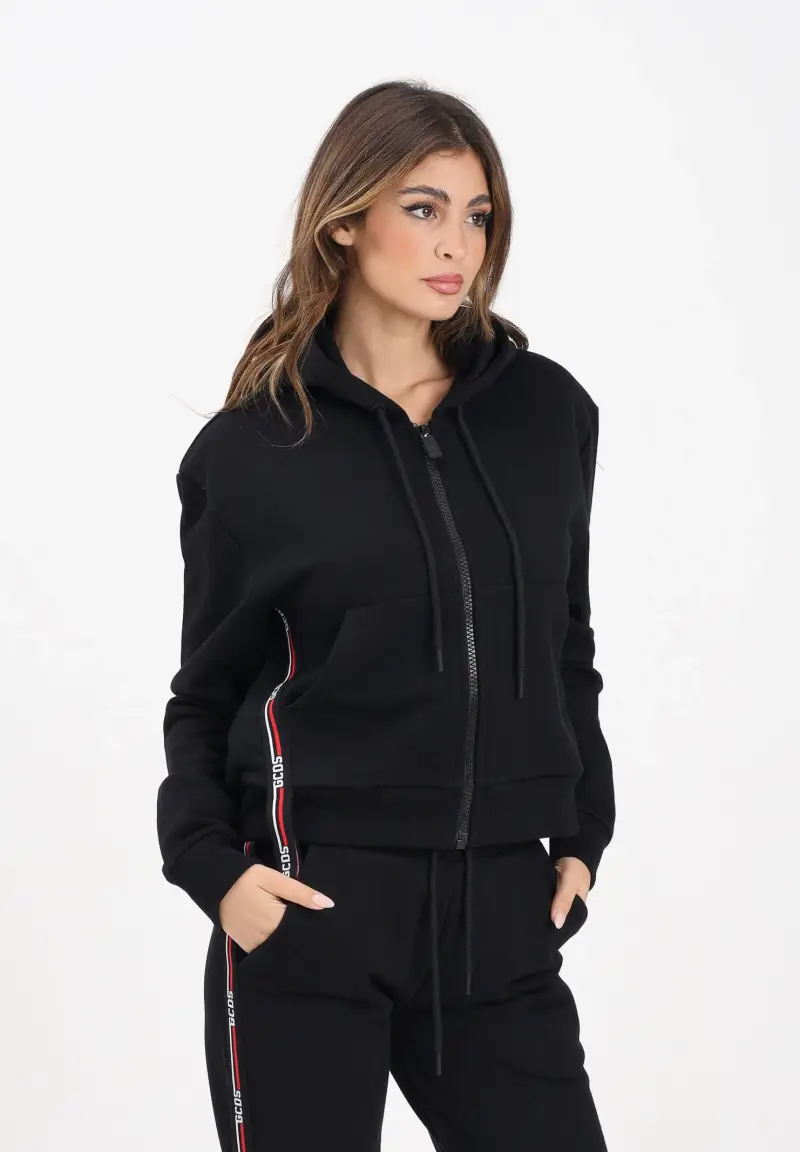 Felpa con zip nera da donna rifinita da bande logate miniatura 2