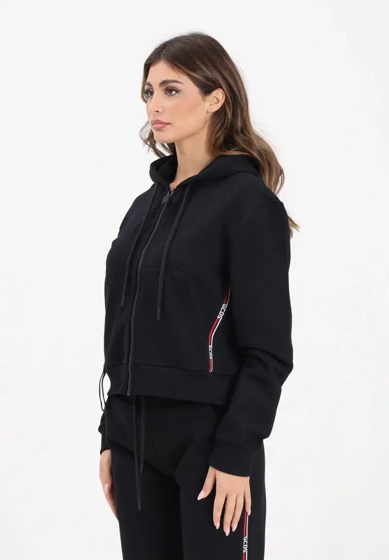 Felpa con zip nera da donna rifinita da bande logate