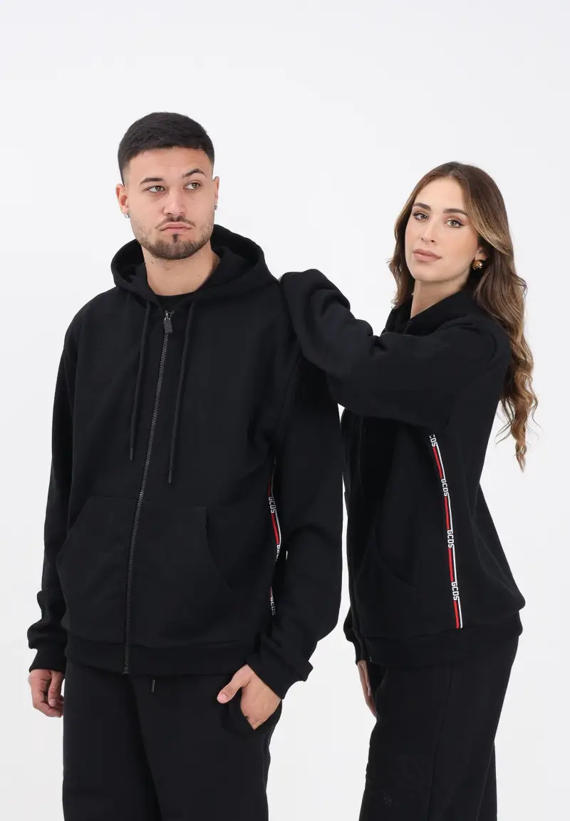 Felpa con zip nera per uomo e donna caratterizzata da nastri logati miniatura 2