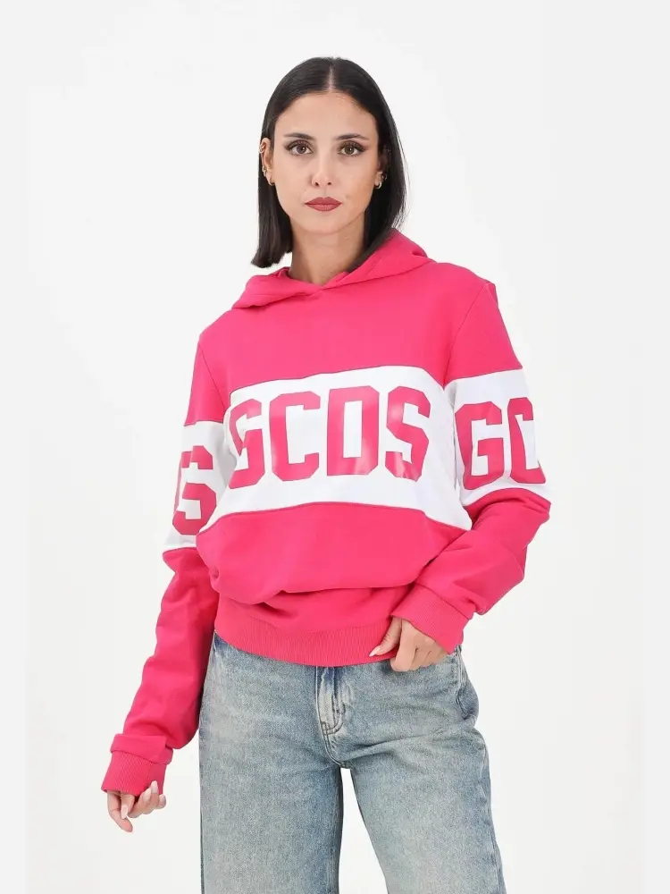 felpa fucsia bambina con cappuccio in cotone logo a contrasto