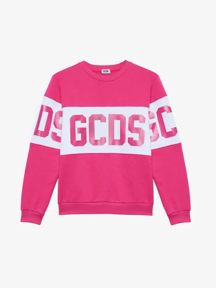 felpa fucsia bambina in cotone girocollo maxi logo a contrasto