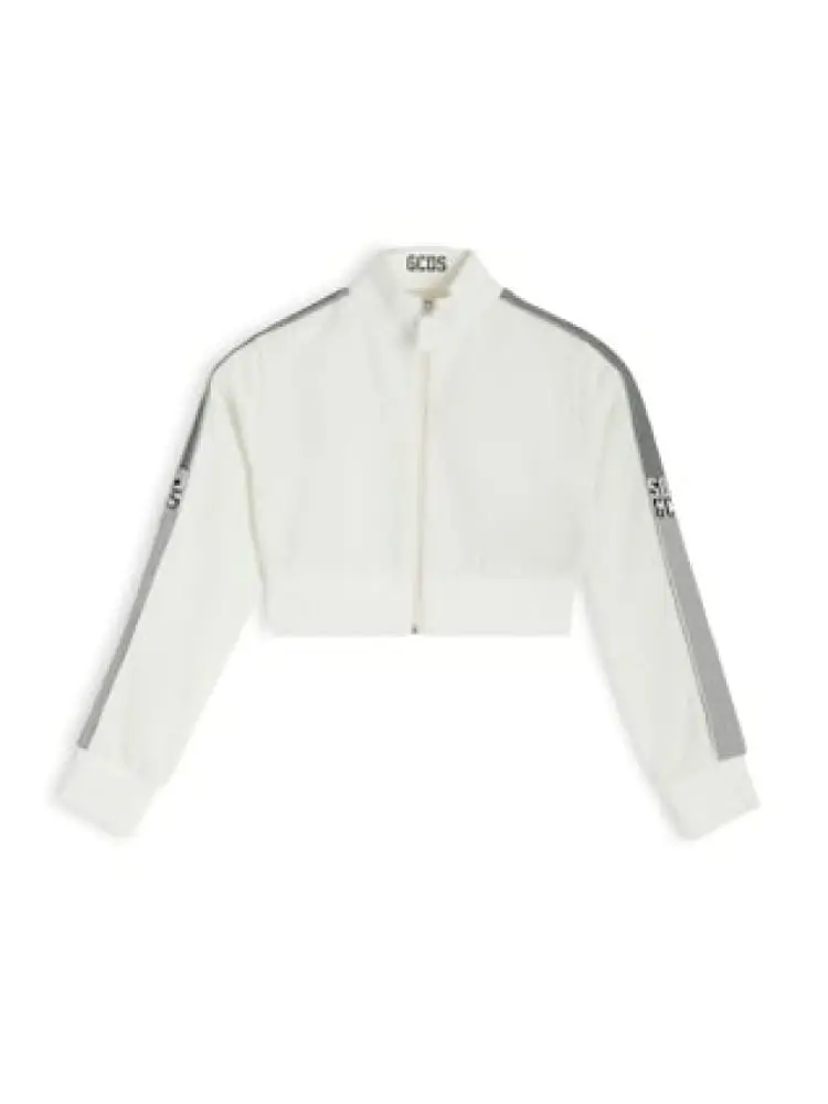 felpa full zip cropped junior in cotone bianco con banda logo