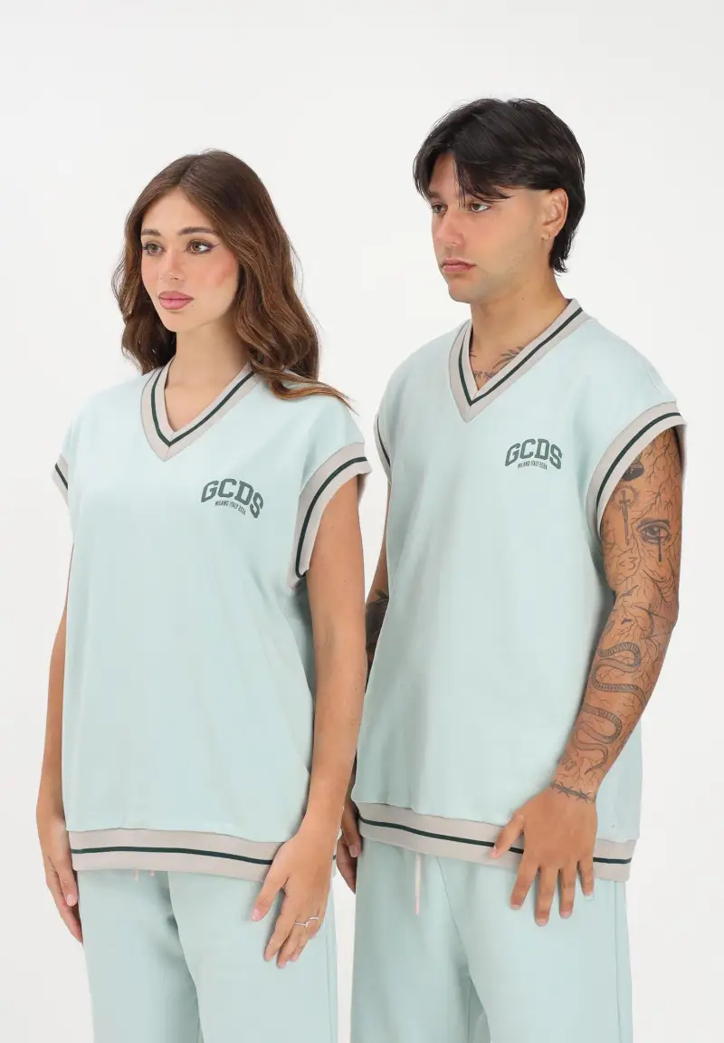 Felpa gilet verde acqua per uomo e donna con stampa maxi sul retro