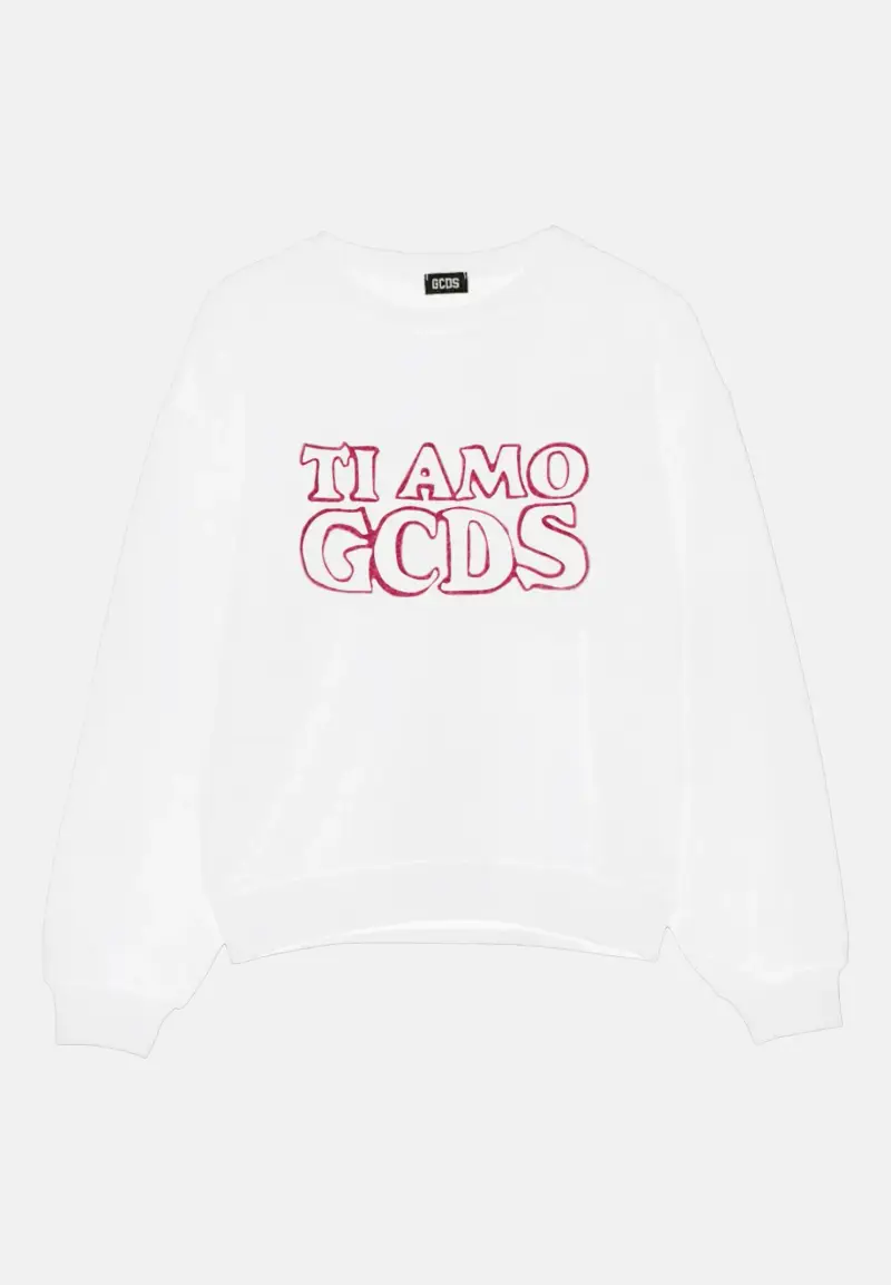 Felpa girocollo bianca da bambina con stampa TI AMO GCDS
