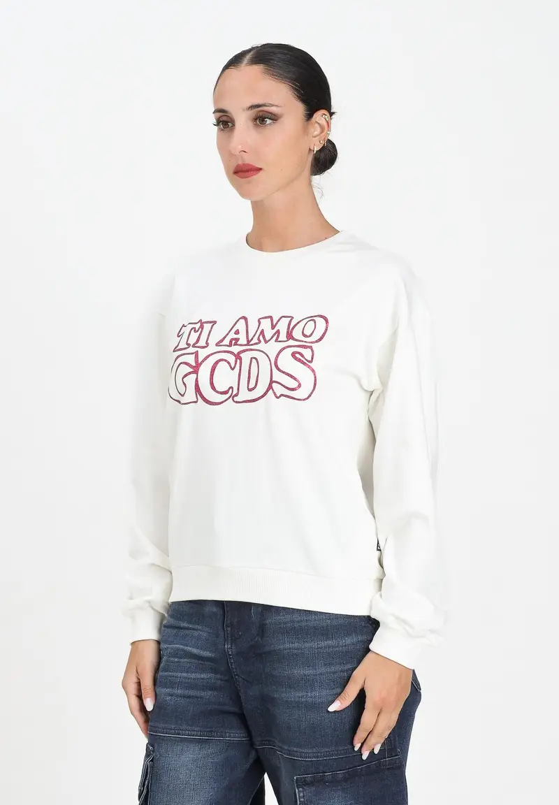 GCDS Felpa girocollo bianca per donna e ragazze con stampa in strass