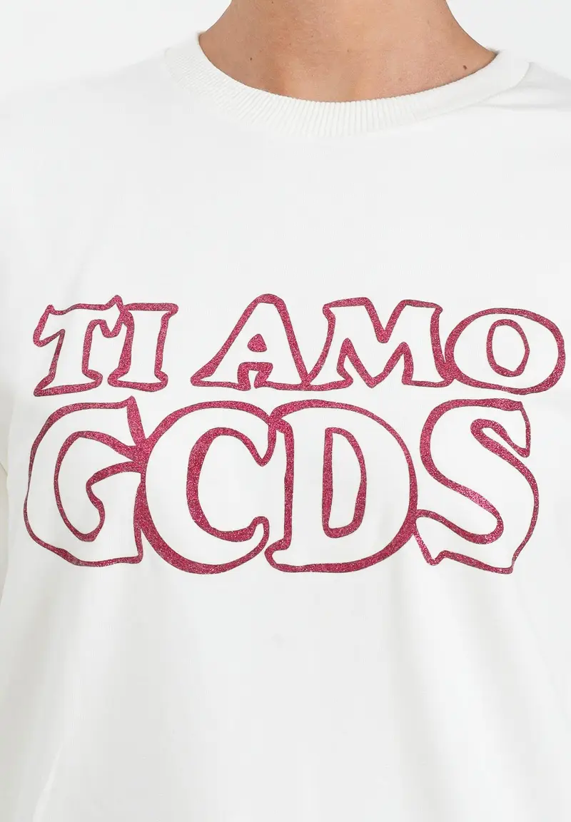 GCDS Felpa girocollo bianca per donna e ragazze con stampa in strass miniatura 2