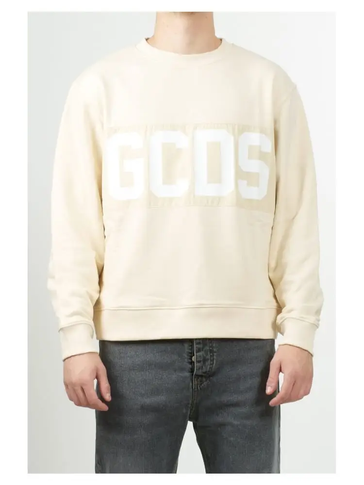 felpa girocollo in cotone panna con band logo nylon