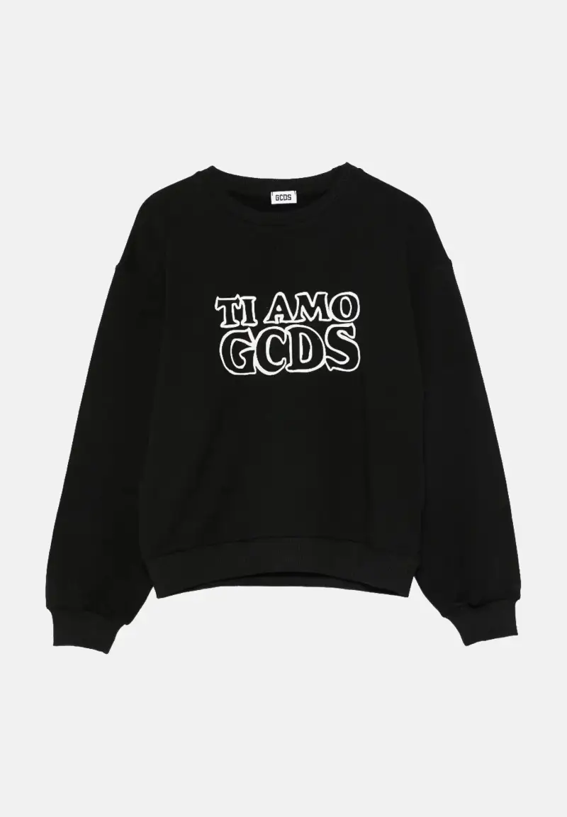 Felpa girocollo nera da bambina con stampa TI AMO GCDS