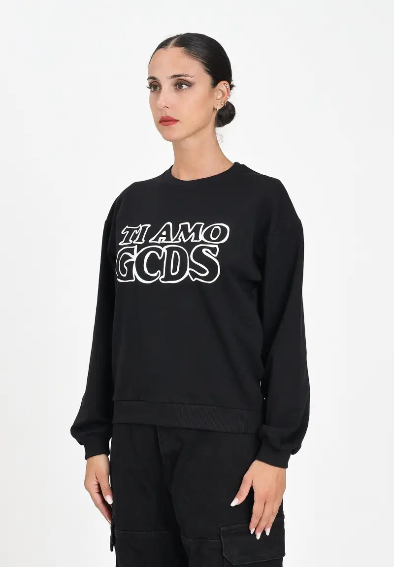 GCDS Felpa girocollo nera per donna e ragazze con stampa in strass