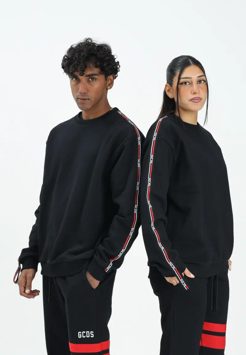 Felpa girocollo nera per uomo e donna con bande logate miniatura 2
