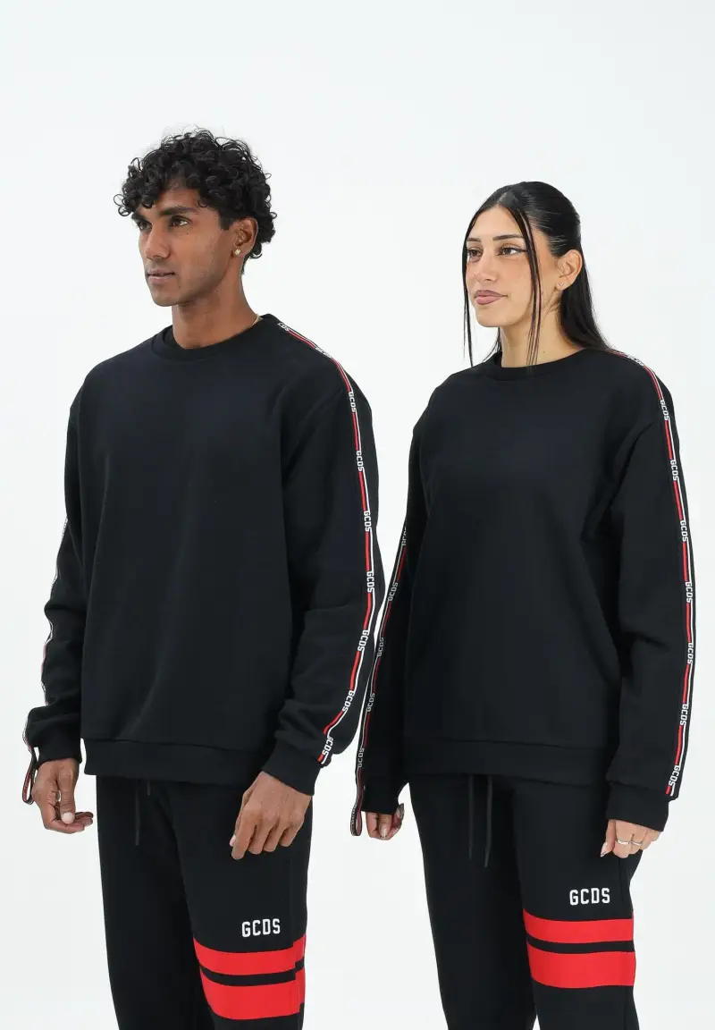 Felpa girocollo nera per uomo e donna con bande logate