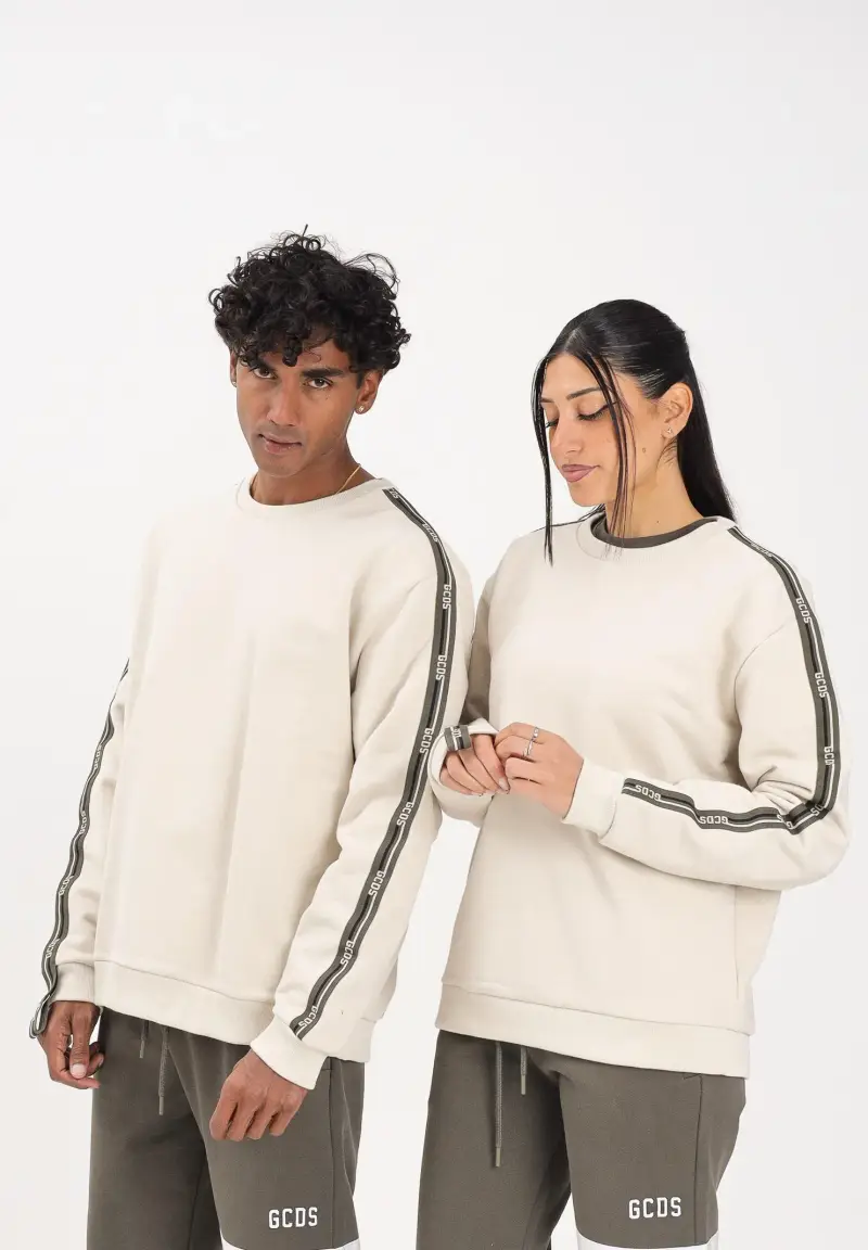 Felpa girocollo panna per uomo e donna con bande logate miniatura 2