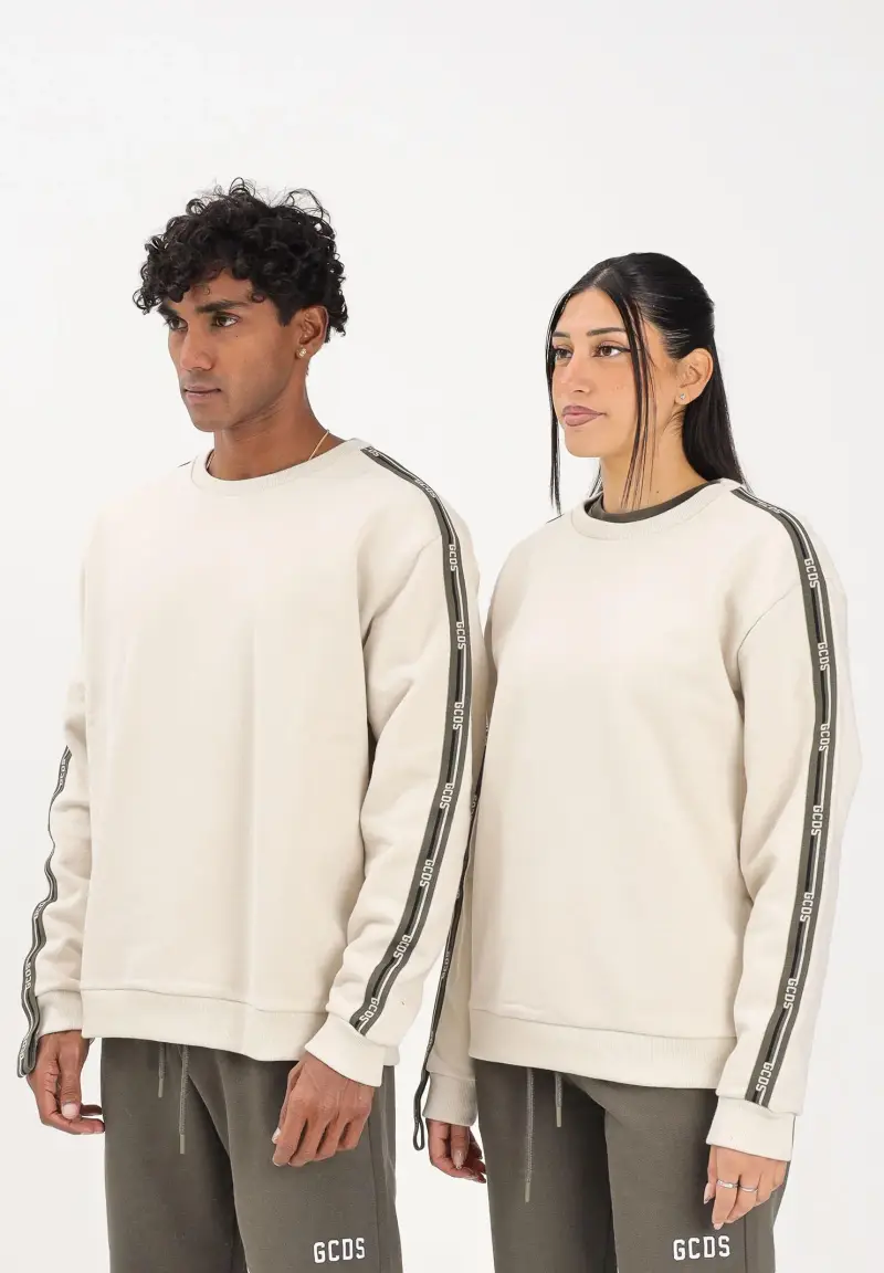 Felpa girocollo panna per uomo e donna con bande logate