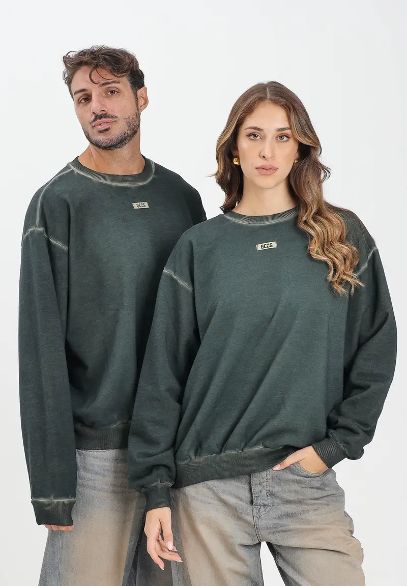 Felpa girocollo verde per uomo e donna con effetto washed miniatura 2