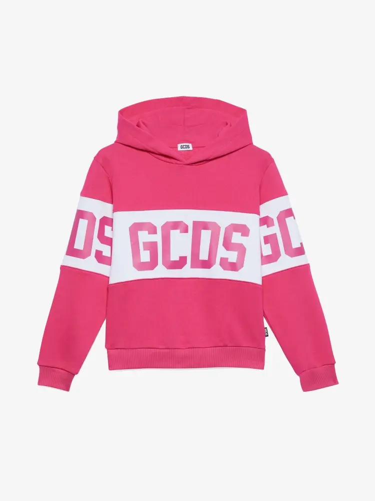 gcds felpa kids con cappuccio in cotone fucsia con band logo bianco