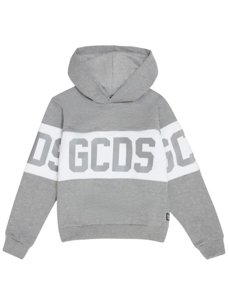 gcds felpa kids con cappuccio in cotone grigio con band logo bianco
