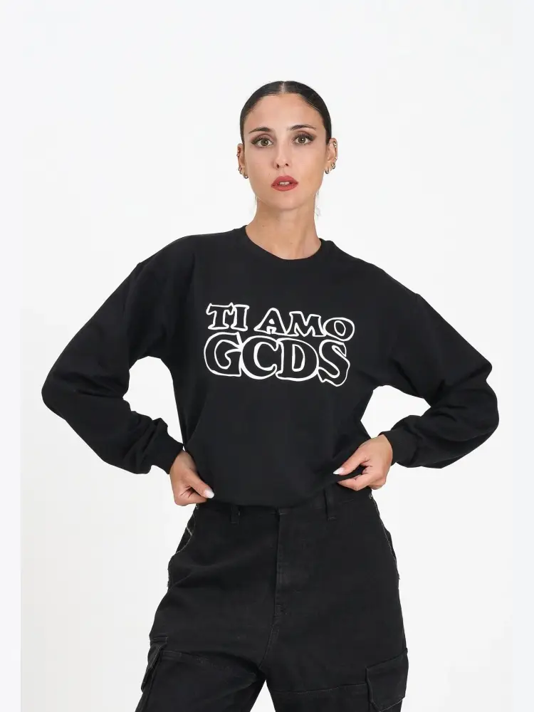 felpa nera bambina in cotone girocollo logo a contrasto