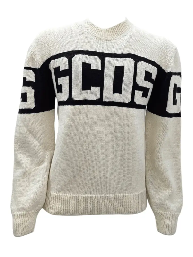 maglia bianca bambino in misto lana maxi logo a contrasto