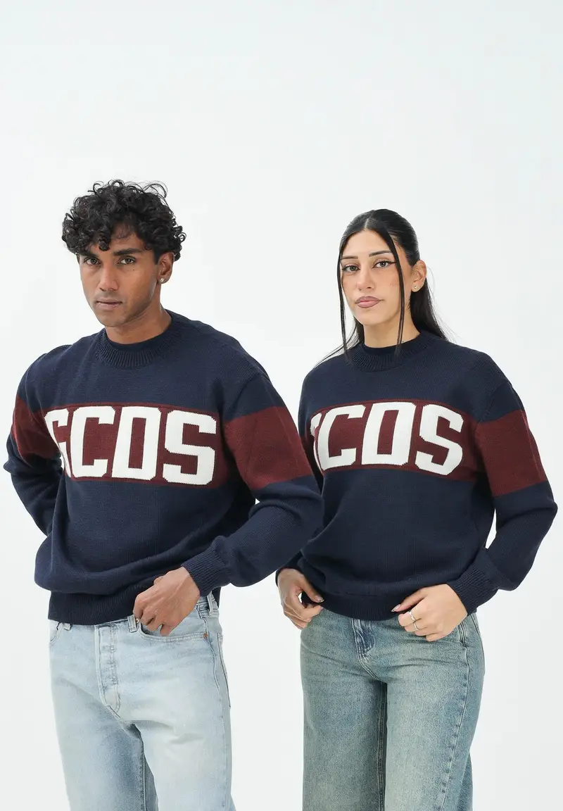 Maglioncino girocollo blu per uomo e donna impreziosito da banda a contrasto e logo miniatura 2