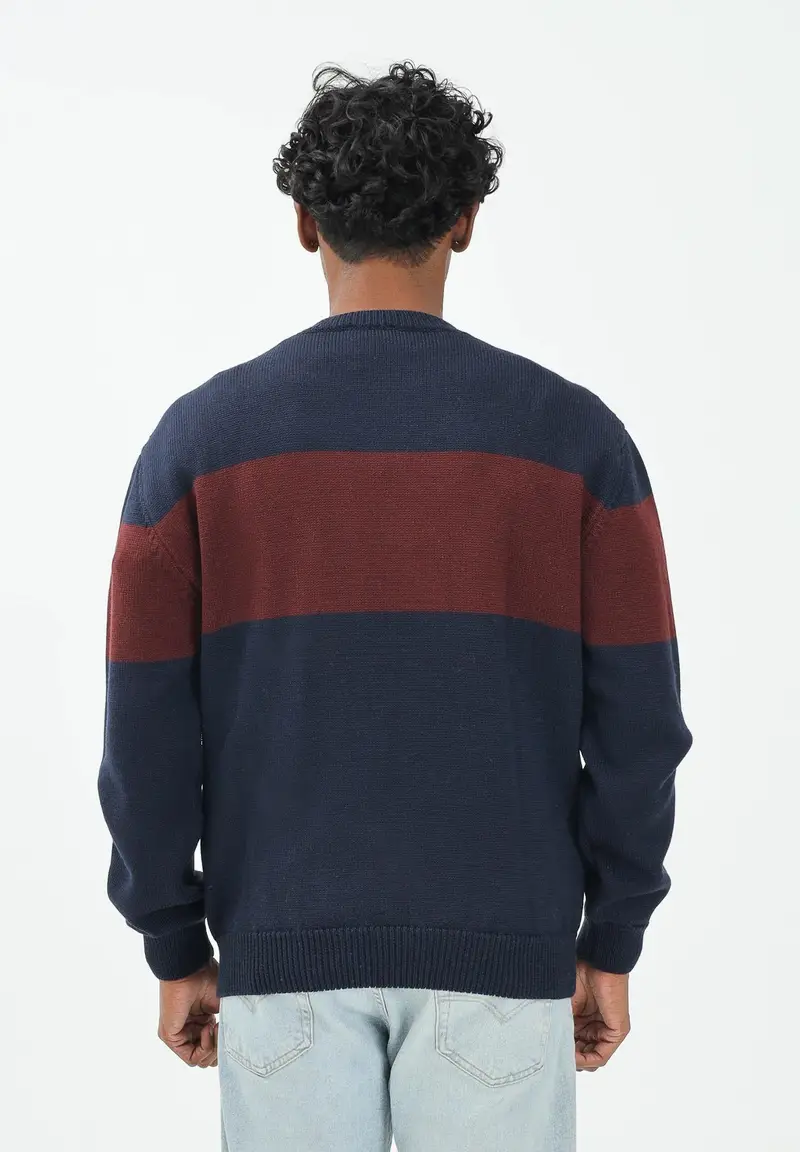 Maglioncino girocollo blu per uomo e donna impreziosito da banda a contrasto e logo miniatura 3