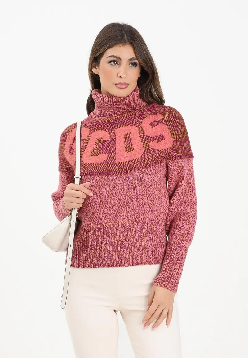 Maglione a collo alto rosa da donna con intarsio logo GCDS miniatura 2