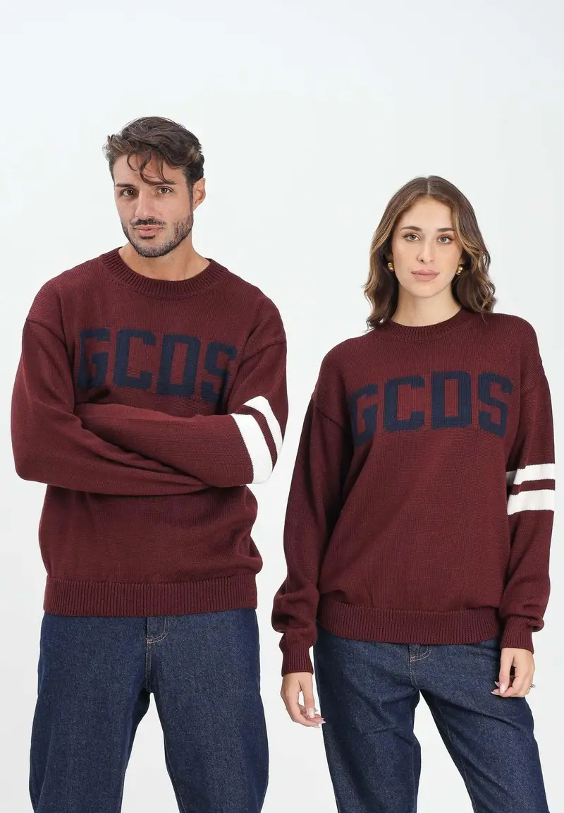 Maglione girocollo bordeaux per uomo e donna con logo e bande a contrasto miniatura 2