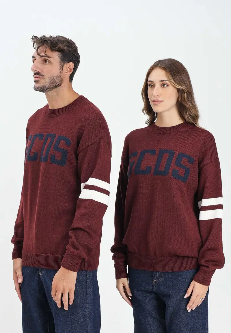 Maglione girocollo bordeaux per uomo e donna con logo e bande a contrasto