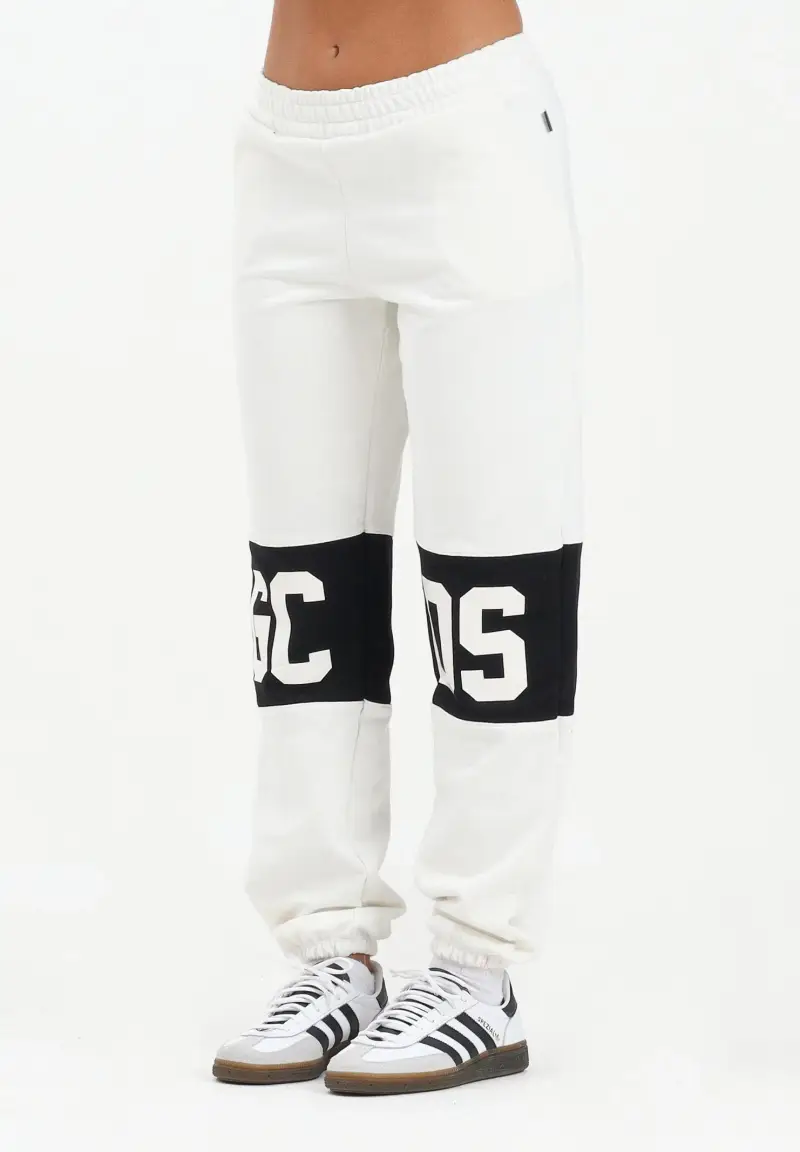 Pantalone sportivo bianco per donna, ragazzi e bambini con fascia a contrasto e logo