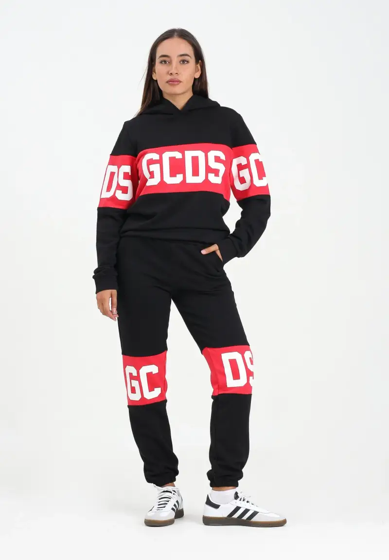 Gcds Pantalone sportivo nero donna con fascia rossa e logo miniatura 2