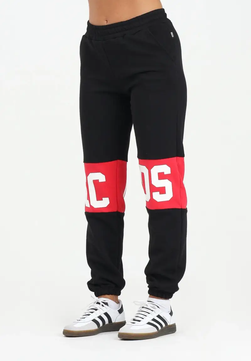 Gcds Pantalone sportivo nero donna con fascia rossa e logo